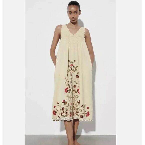 Zara Womens Embroidered Dress Size S Beige Ivory Crochet Floral 6895/003 NWT